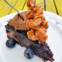 The famous and so delicious Mighty Mighty dark chocolate peanut butter brownie! at The Vegan Eagle in Hamburg