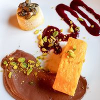 Mango cocos parfait with caramelized pumpkin seeds, Belgium lemon cake with chocolate ? ganache, blackberry purée and pistachios at The Vegan Eagle in Hamburg