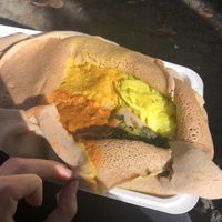 Veg combo for one with shuro, ater kik, gomen, and tikel gomen. This is the injera with gluten but they also have GF injera.  at Lalibela in New Haven