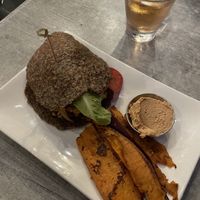 Vegan cheese burger and rose   at Trilogy Sanctuary in La Jolla