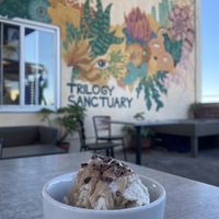 Coconut ice cream with warm date caramel saucee  at Trilogy Sanctuary in La Jolla