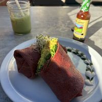 Breakfast burrito and matcha  at Trilogy Sanctuary in La Jolla