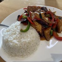 Fried tofu spicy eggplant with basill  at VeggiEAT Flagstaff in Flagstaff