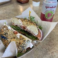 Everything bagel sandwich with vegetable tofu cream cheese! Raspberry lime sparkling water!  at Mister Bagel in Brunswick