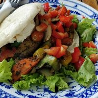Cream cheese bagel with excellent roasted veggies at Epic Arts Cafe in Kampot