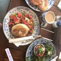 Pancakes, veg bagel, corn cakes at Epic Arts Cafe in Kampot
