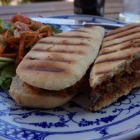 spicy mixed veg aubergine panini with fresh salad :) at Epic Arts Cafe in Kampot