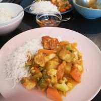 Veg curry (medium spice requested) with rice and lime pickle at Nirvana Cafe in Luxembourg City