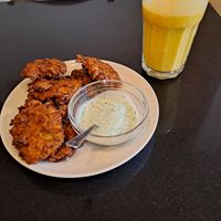 Onion bhajees ,mango lassi at Nirvana Cafe in Luxembourg City