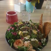 Falafel sprout bowl and dragon fruit kombucha at Lafew Teahouse and Kombucha Bar  in Cairns