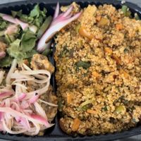 ESCOVITCH MUSHROOMS.
Portobello mushrooms, marinated in a homemade blend of herbs and spices, made crispy and topped with a spicy, zesty escovitch sauce, served with Calypso quinoa at 7 Basiks  in Kingston