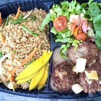 SWEET & SOUR VEGGIE BALL.
Lentil seasoned to perfection and rolled into bite size balls topped with pineapple sweet and sour sauce served with vegetables stir fried quinod or basma at 7 Basiks  in Kingston