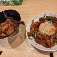 Beef bowl on left. BBQ soy meat on right at Vege Kitchen KelaKela in Osaka