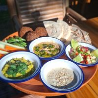Mezze plate, homemade hummus, tomato tartre, falafel ( raw or not) 
Guacamole cashew sesame cream raw vegetables at Soul Garden in Koh Phangan