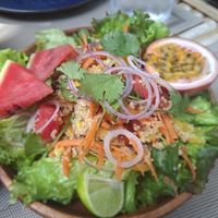 Only live salad, tomato red onion mango avocado radish passion fruit garlic fresh ginger watermelon at Soul Garden in Koh Phangan