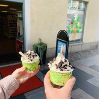 outside with vegan icecream at GoodShop in Vaxjo