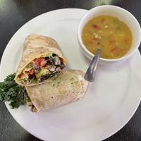 Vegan lunch with homemade green chili at Raider Ridge Cafe in Durango