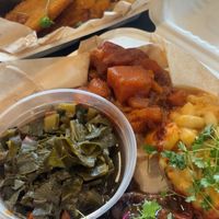 soul food plate with oxtail and fish   at The Green Ape Gourmet Vegan in Chicago