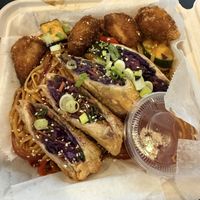 Jungle hibachi with egg rollss  at The Green Ape Gourmet Vegan in Chicago