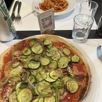 Pizza and pasta arrabiata  at La Colubrina in Milan