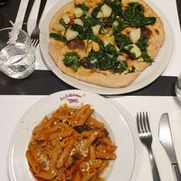 Wholemeal pasta with norma sauce (aubergines), Focaccia with spinach and potatoes at La Colubrina in Milan