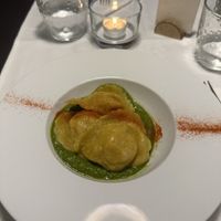 ravioli ripieni di yuca e batata, su cremoso di cime di rapa e broccoletti, polvere di peperoncino dolce  at La Colubrina in Milan
