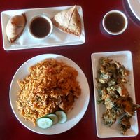 Samosas, Soy Chicken Fried Rice, Spinach Pakoras -- ALL VEGAN at Little India Healthy Cuisine in Quezon City