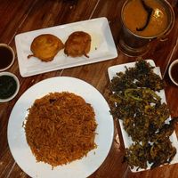 Aloo Chop, Soy Chicken Rice, Palak Pakora, Dal Dry at Little India Healthy Cuisine in Quezon City