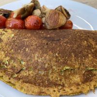 From the breakfast menu: chickpea omelet with spinach cashew cheese and roasted veg. at Wild Beets in Ibiza