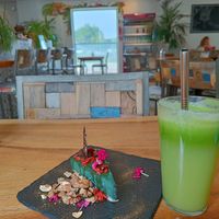 Spirulina cheesecake and a very green juice. at Wild Beets in Ibiza