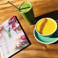 My favorite delicious golden milk and a green power smoothie  at Wild Beets in Ibiza
