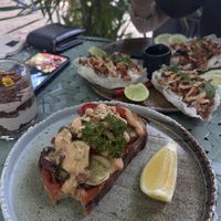 roasted veg sandwich und pad krapao boats  at The Quarter - Creative Space Café in Surat Thani