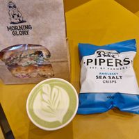 Falafel focaccia, matcha & crisps at Morning Glory  in Manchester