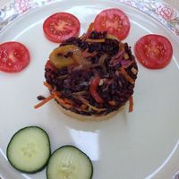 Duo of black and basmati rices - similar but simpler than a risotto, with onions, tomatoes, and pickled cabbage. Finished with lime juice at Bio Sound System in Venice