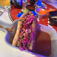 Clavada (tipo torta ahogada) de seitan y la otra de chicharrón de soya   at Mal de Cruz in Mexico City