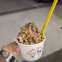 The Margot with strawberry compote, pretzel pieces, and peanut butter drizzle at Little Ladies Soft Serve in Westerville