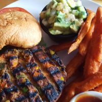 Veggie burger with fresh guacamole at Outer Banks Brewing Station in Kill Devil Hills