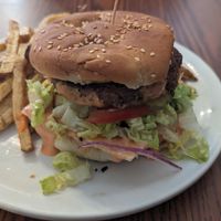 Smokes Gouda beyond meat Burger and fresh cut fries  at The Healthier Place to Eat in Pocatello