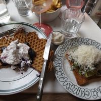 Vegan blueberry pancakes and avocado toast!  at Guilty Pleasure Cafe in Sundsvall