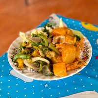 Buffet selection over rice at Hundred years Vegetarian Foods in Ubon Ratchathani