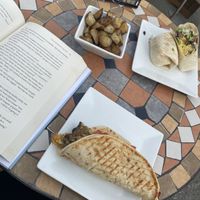 Vegan breakfast sandwich and rosemary home fries.  at Green Goddess Cafe in Stowe