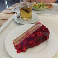 Raspberry coconut cake and herbal tea at Heller's Vegetarisches Restaurant & Cafe in Mannheim
