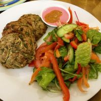 My favorite meal at Nagila is the herb latkes. They are generous, moist, delicious, made even more special with the tahina with beet juice for dipping. the portions are generous, and the salad is always fresh and interesting, with a simple oil and lemon dressing. No sugar, lots of taste! at Nagila in Jerusalem