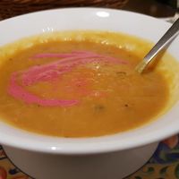 Orange vegetable soup with beet tahini at Nagila in Jerusalem