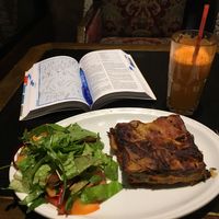 Lasagne with salad and a fresh apple/carrot/ginger juice at Nagila in Jerusalem