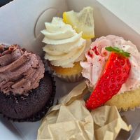 Choc cupcake (my fave!); Lemon curd cupcake, Strawberry shortcake cupcake $3 each at Queen Pea in Balmain