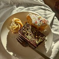 During taste heaven; Old School Cake, Pistachio Brownie, Vieneese Whirl at Steph's Cakes in Sheffield