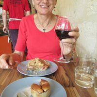 Organic wine available. Desserts shown are a vegan clafouti (with banana, my husband ate two!) and a fruit crumble (which contained 'a little butter'). at La Cuisine de Johanna in Bordeaux