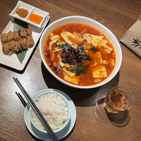 Boiled Three Kingdoms with rice on the side. Double Pepper King Oyster Mushroom  at Su Cha He in Chongqing