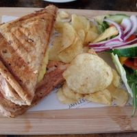 Vegan cheese and onion jaffle served with salad and crisps at B&B at No.3 & Jaffles Cafe Bar in Nuneaton